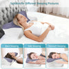 A white memory foam pillow with a purple cover is shown being used for back, side, and stomach sleeping positions.
