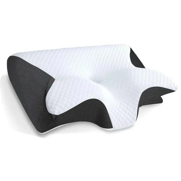 Orthopedic memory foam neck pillow with black and white patterned cover