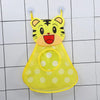 Yellow cartoon tiger bath toy organizer with adhesive hooks and a mesh tray