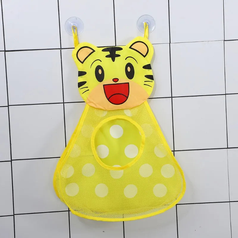 Yellow cartoon tiger bath toy organizer with adhesive hooks and a mesh tray
