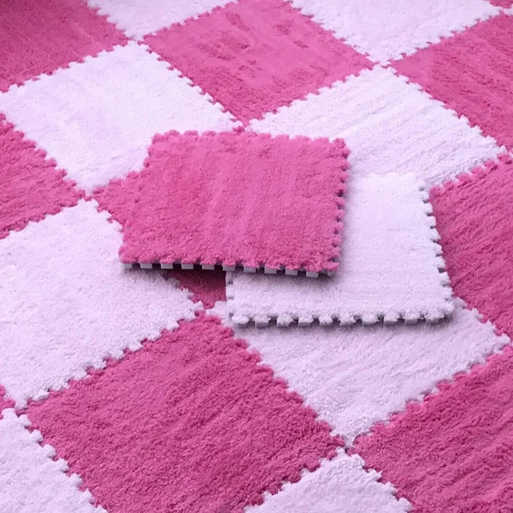 Pink and white checkered play mat tiles made of soft plush EVA foam for kids