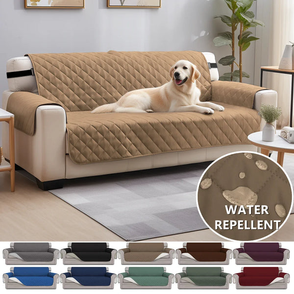 A collection of waterproof anti-slip sofa slipcovers in various colors and fabrics.