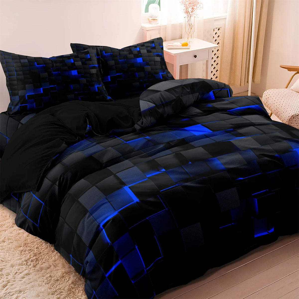 A black and blue geometric grid plaid duvet cover set displayed on a bed.
