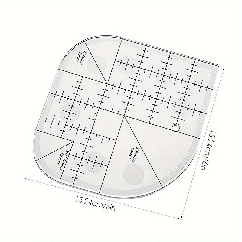 Acrylic quilting ruler with corner templates for sewing and patchwork showing various measurements and guides.