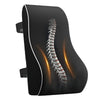 Black memory foam lumbar support pillow with a visible spinal curve and orange glowing accents