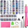 A collection of crystal hot fix rhinestones and an applicator tool displayed in various compartments.
