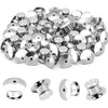 A pile of stainless steel locking pin backs used for securing brooches, lapel pins, and badges.