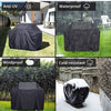 Black heavy-duty outdoor BBQ grill cover shown in various weather conditions including anti-UV, waterproof, windproof, and co
