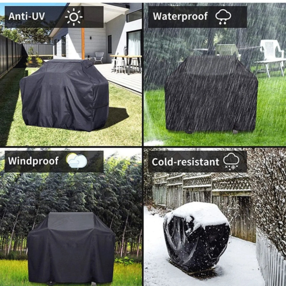 Black heavy-duty outdoor BBQ grill cover shown in various weather conditions including anti-UV, waterproof, windproof, and co