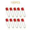 A collection of 100 stainless steel diaper pins with safety locking closures.