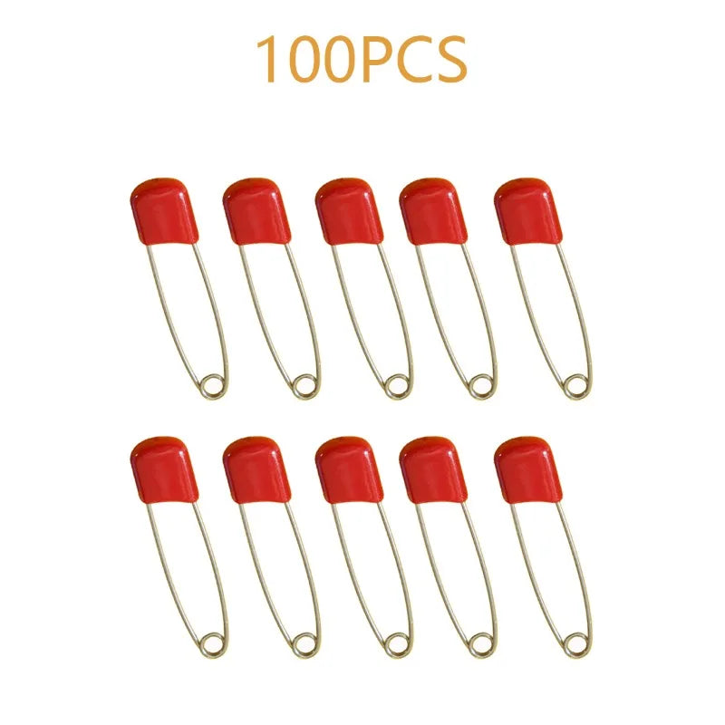 A collection of 100 stainless steel diaper pins with safety locking closures.