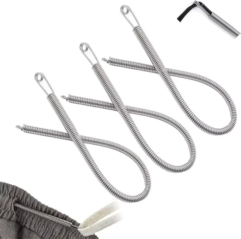A set of black spring drawstring sewing threaders with metal tips and elastic cords.