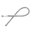 A silver drawstring threader tool used for opening and closing garment drawstrings.