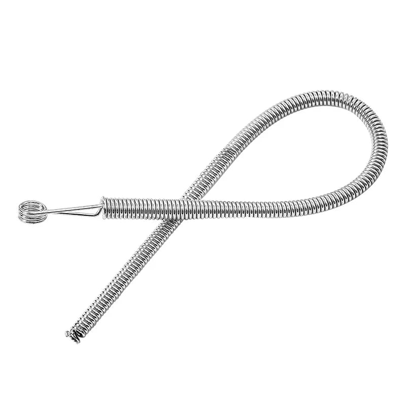 A silver drawstring threader tool used for opening and closing garment drawstrings.