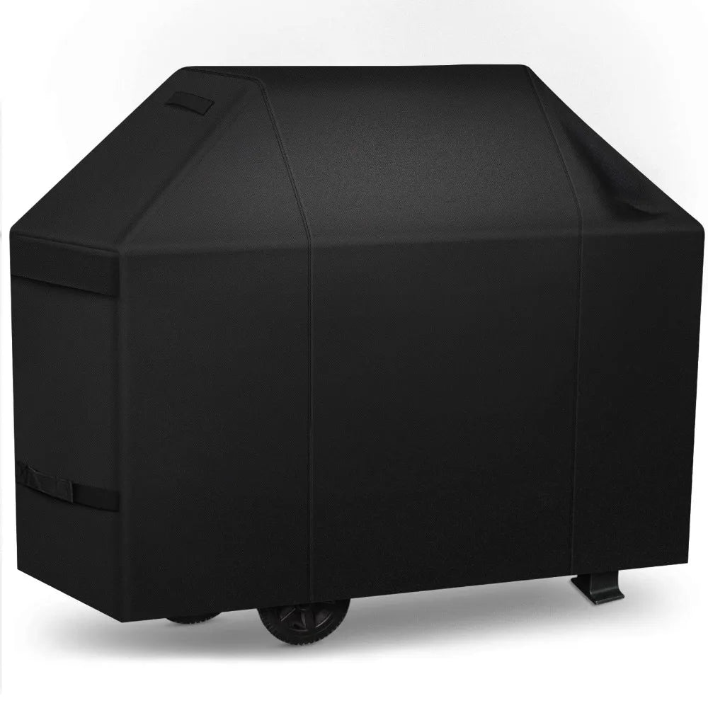 A black waterproof grill cover for an outdoor BBQ, shown from the side.