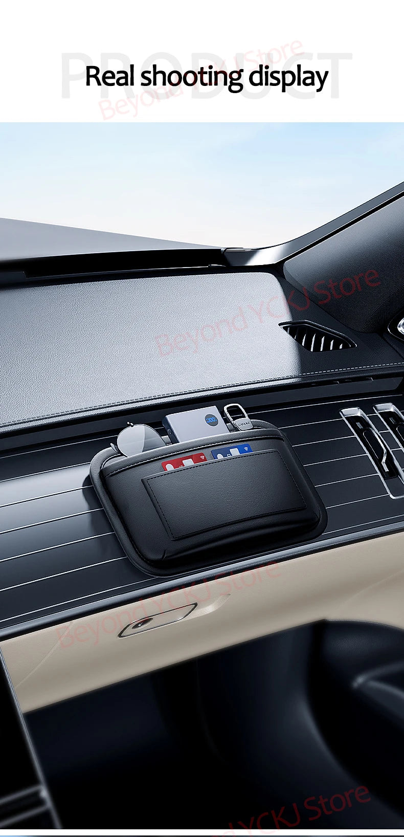 A black universal car organizer storage bag is placed on the interior panel of a car, showing a real shooting display.