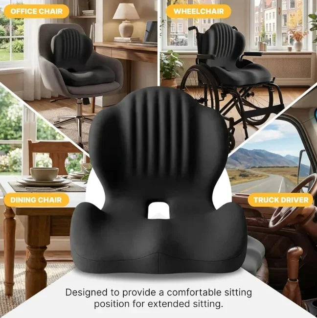 A black ergonomic chair designed for comfortable extended sitting, shown alongside a wheelchair and office chair.