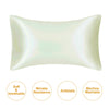 A smooth, pale green satin pillowcase shown flat, highlighting its soft and breathable texture.