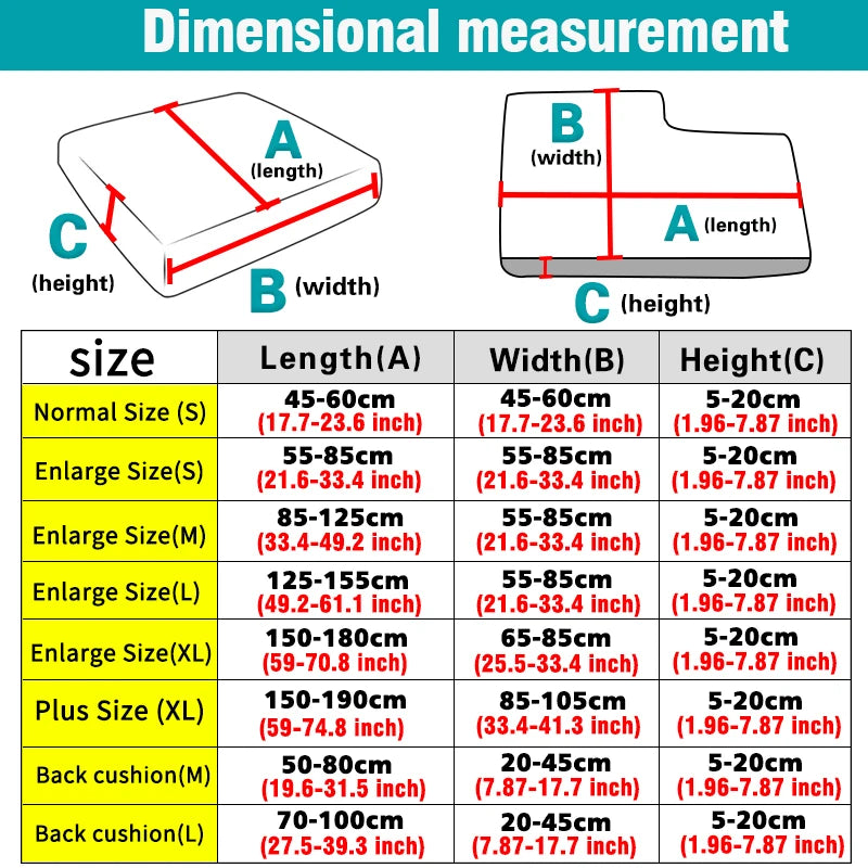 Diagram showing dimensional measurements for a sofa seat cushion cover including length, width, and height options.