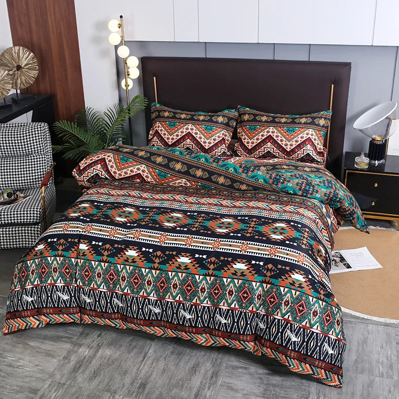 A patterned boho geometric duvet cover set featuring earthy tones and intricate tribal designs on a bed.
