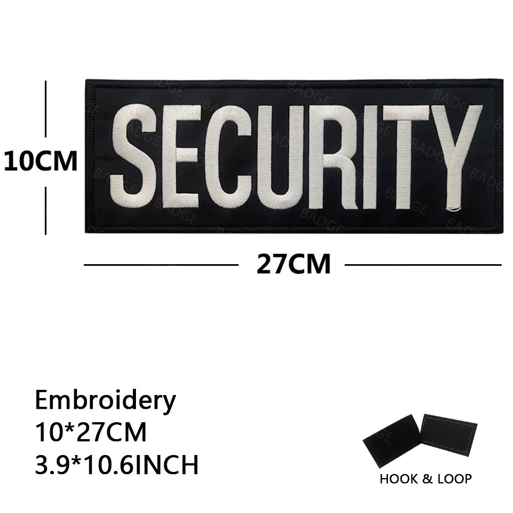 Black embroidered security patch with the word SECURITY in white text, measuring 10cm by 27cm.