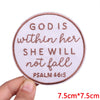 Pink letter embroidered iron-on patch with the text God is within her she will not fall Psalm 46:5