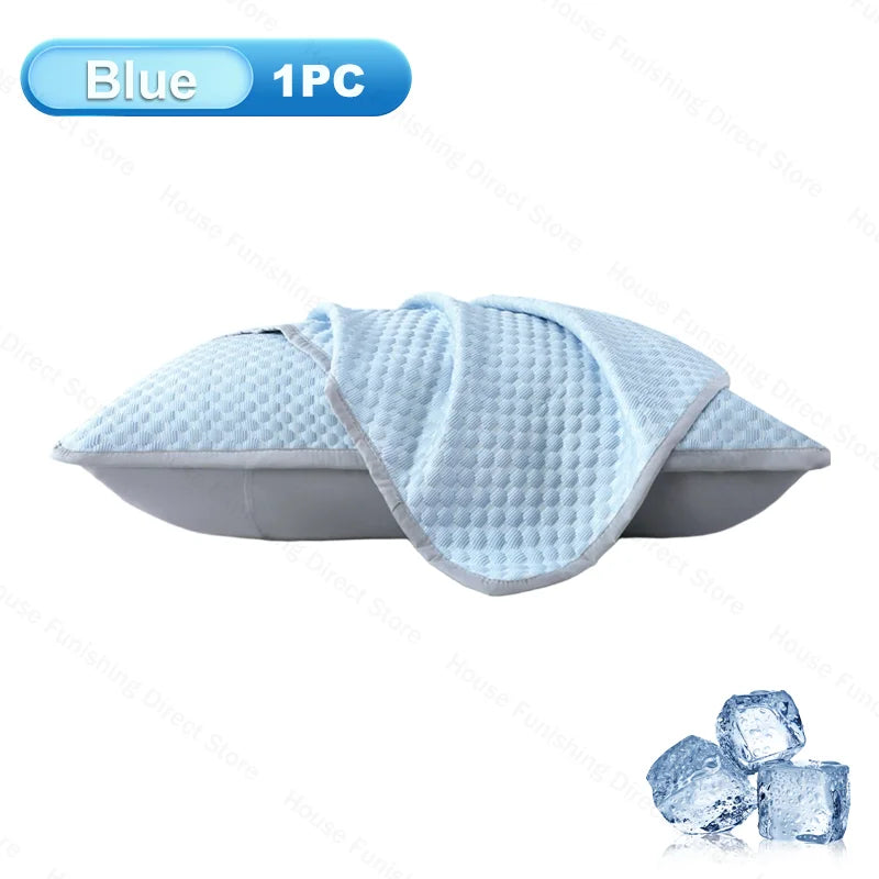 Blue ice silk cooling pillowcase shown flat with a piece of ice nearby