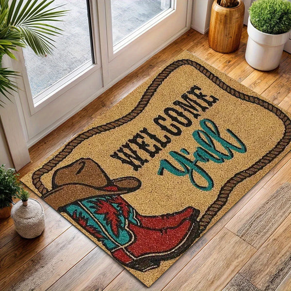 A welcome doormat with a textured surface featuring text and a boot design on a wooden floor.