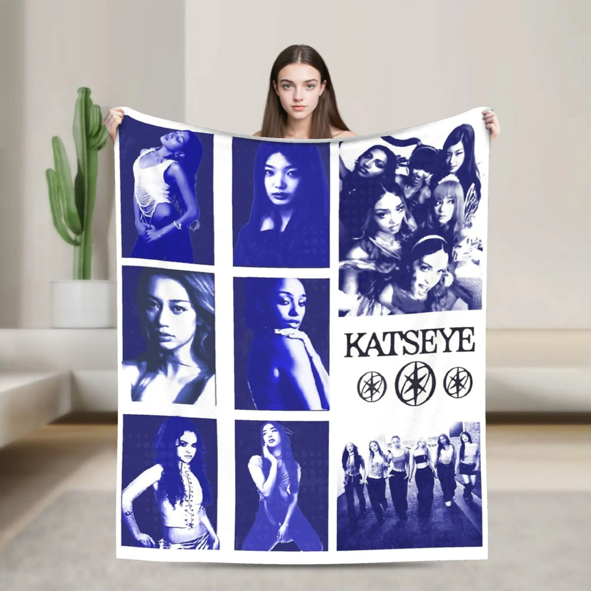 A purple fleece throw blanket featuring a collage of K-Pop female idols in various poses.