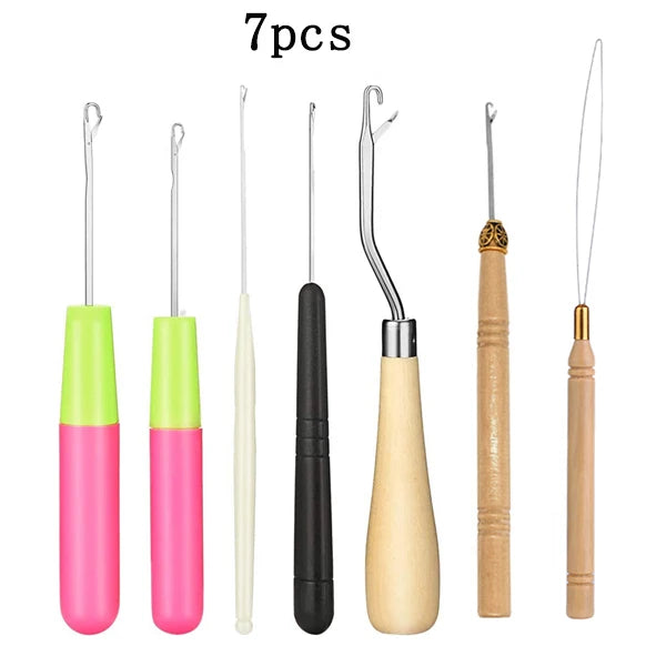 Seven pieces of plastic latch hook kit for crochet and crafting tools shown in various colors