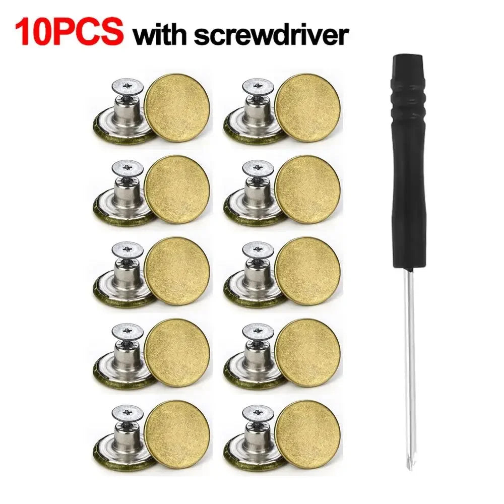 A set of 10 metal jeans button repair kits with screwdrivers and round metal buttons.