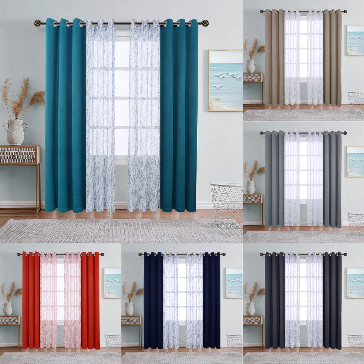A collection of window drapes featuring sheer and blackout curtains in various colors like teal, gray, blue, and red.