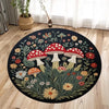 A round rug featuring a detailed, dark green and red mushroom pattern on a black background.