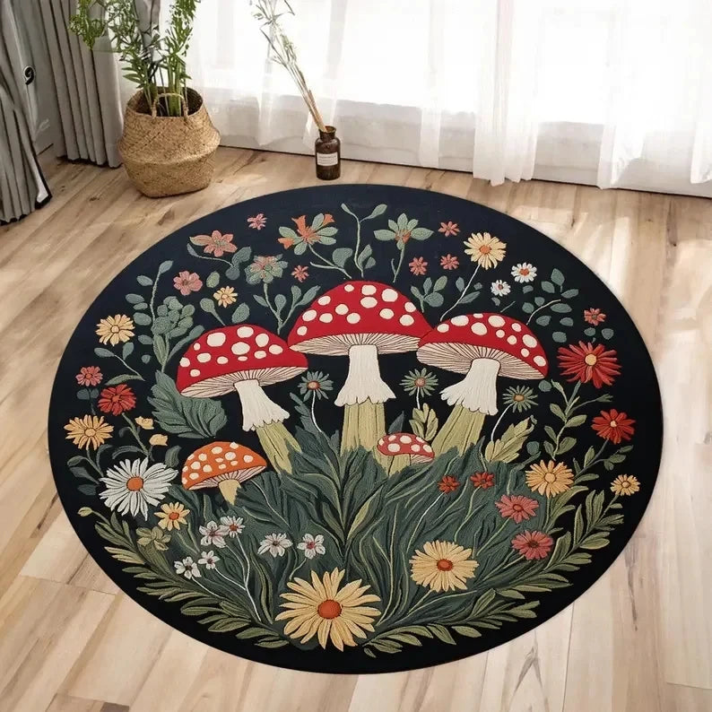 A round rug featuring a detailed, dark green and red mushroom pattern on a black background.