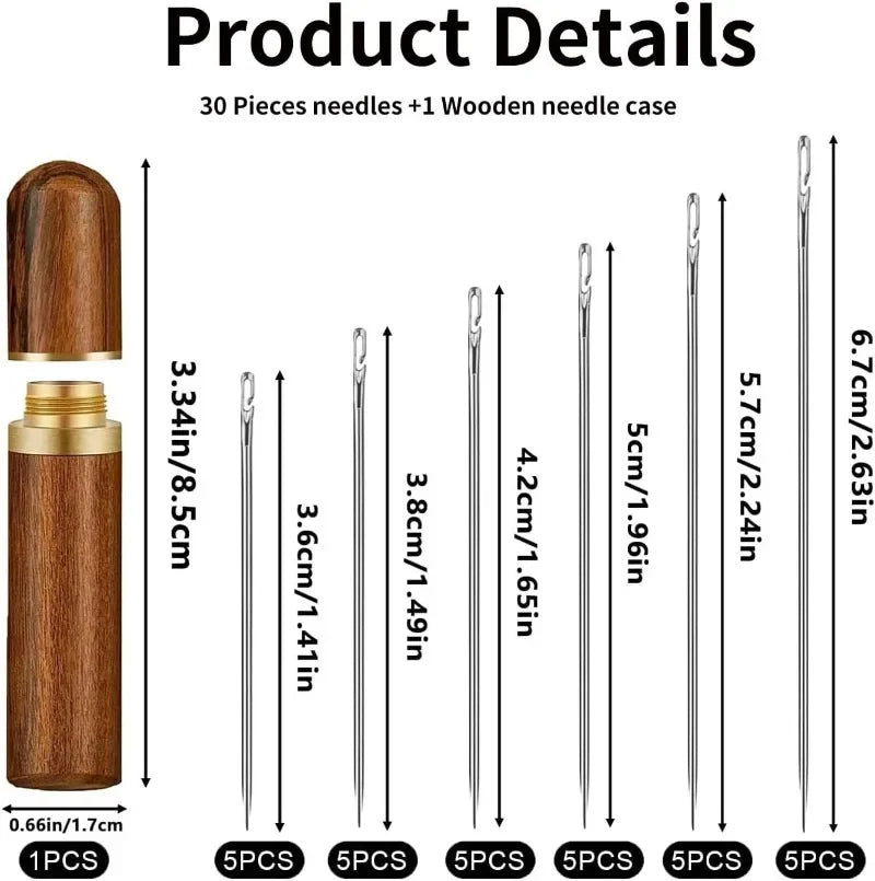 A set of 30 stainless steel sewing needles and a wooden needle case shown with various sizes.