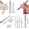 A complete leather craft sewing kit showing various needles, thread, and tools for sewing projects.