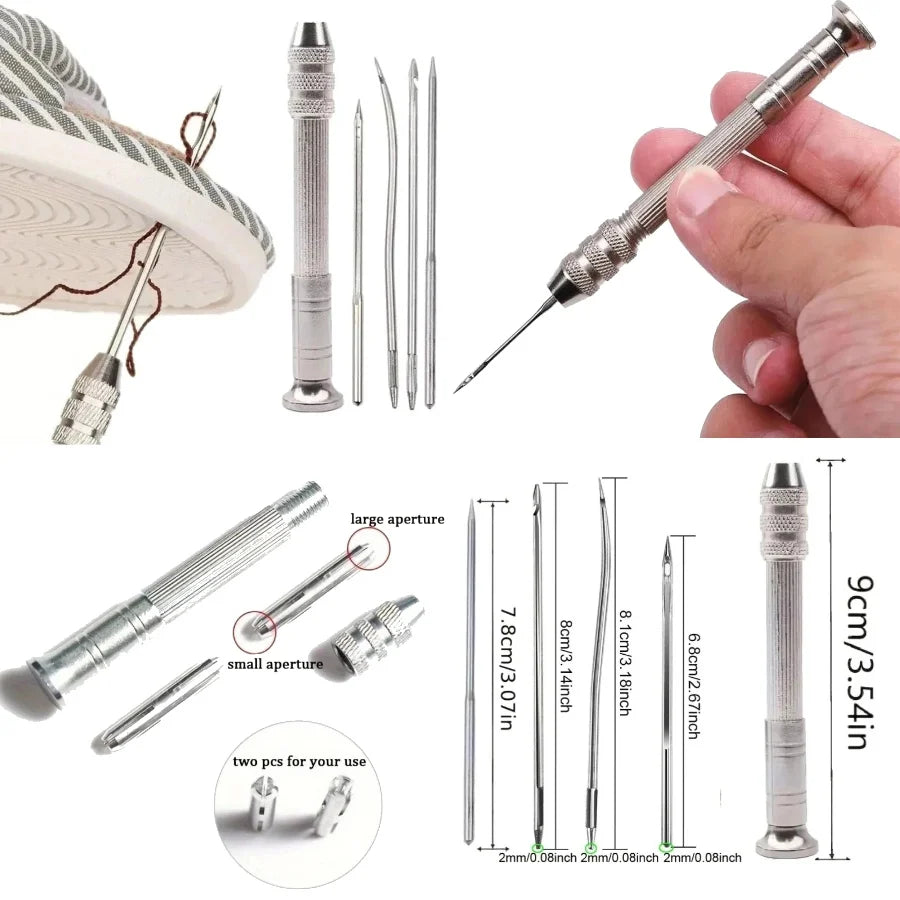 A complete leather craft sewing kit showing various needles, thread, and tools for sewing projects.