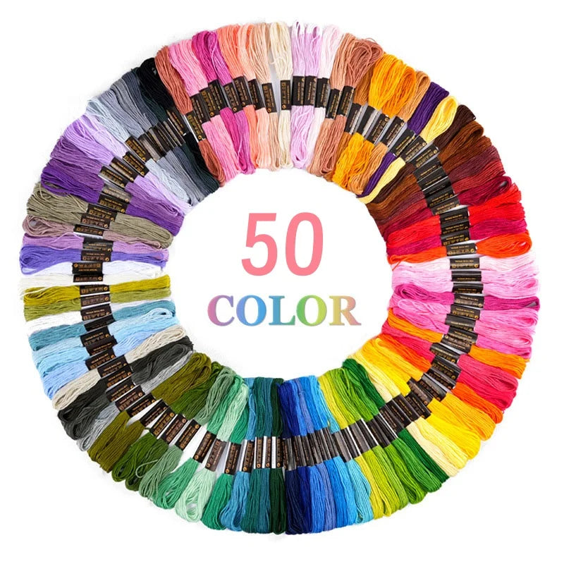 A circular display of 50 colors of premium multicolor embroidery floss threads for crafting.