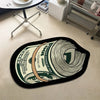 A black non-slip rug features a graphic design of a rolled hundred dollar bill.