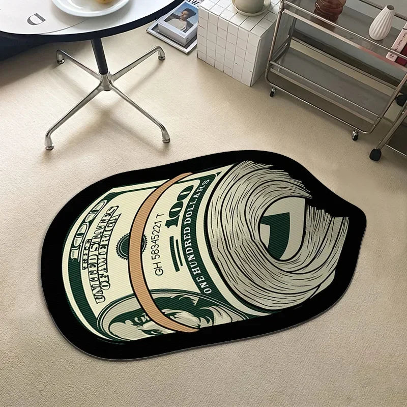 A black non-slip rug features a graphic design of a rolled hundred dollar bill.