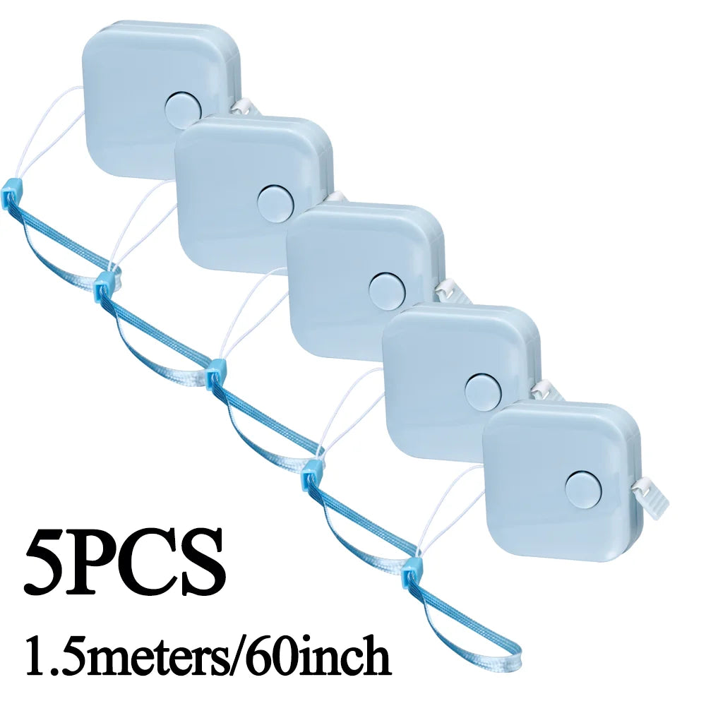 Five clear blue retractable measurement tapes, 1.5 meters long.