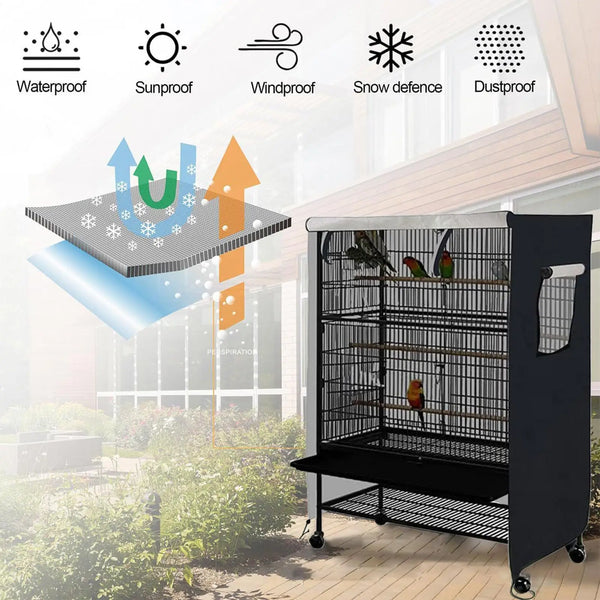 A black bird cage with a transparent night cover is shown outdoors, demonstrating waterproof and windproof protection.