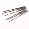 A set of sharp, silver precision sewing threading needles laid diagonally on a white background.
