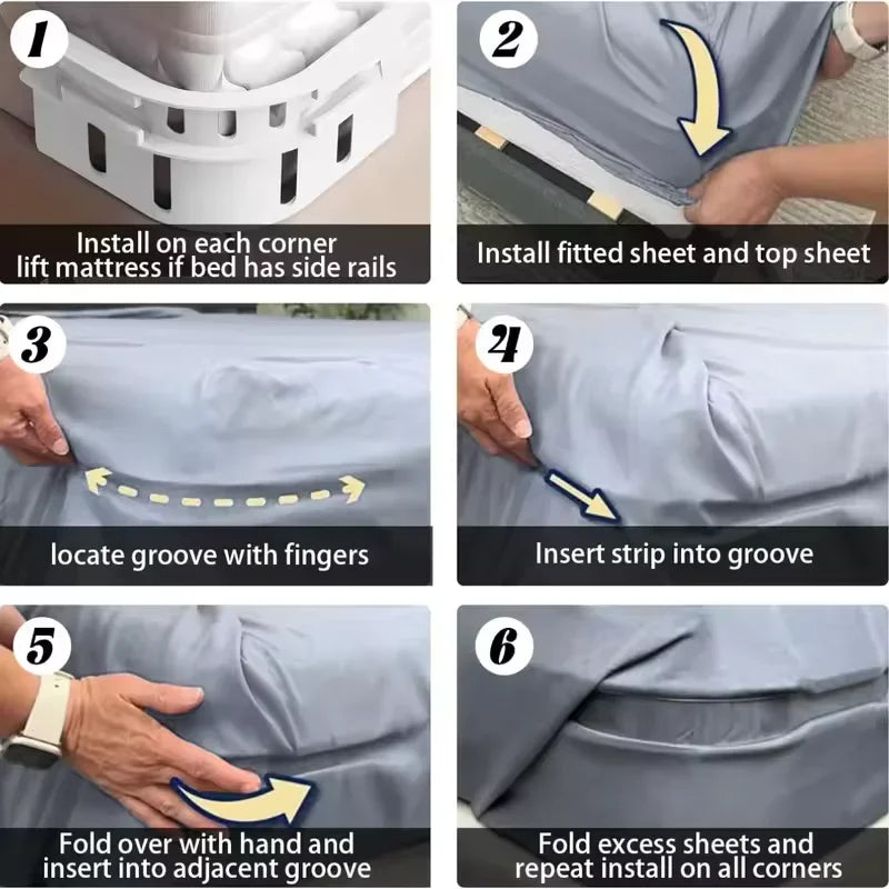 Instructions for installing non-slip bed sheet fasteners on a mattress using grooves and strips.