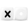 A pair of white soft silicone alphabet beads, one showing an 'X' and the other a circle.