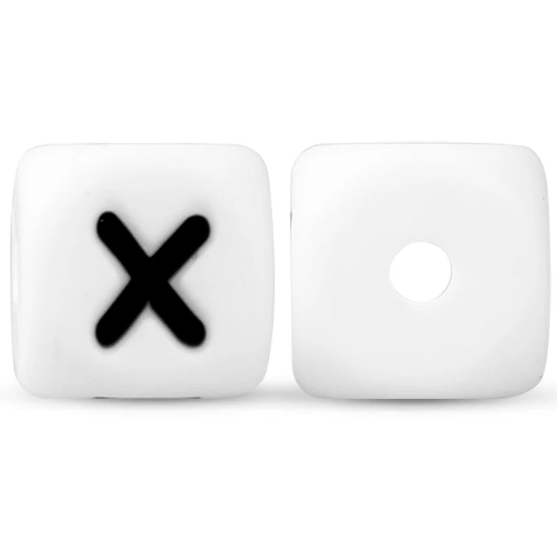 A pair of white soft silicone alphabet beads, one showing an 'X' and the other a circle.