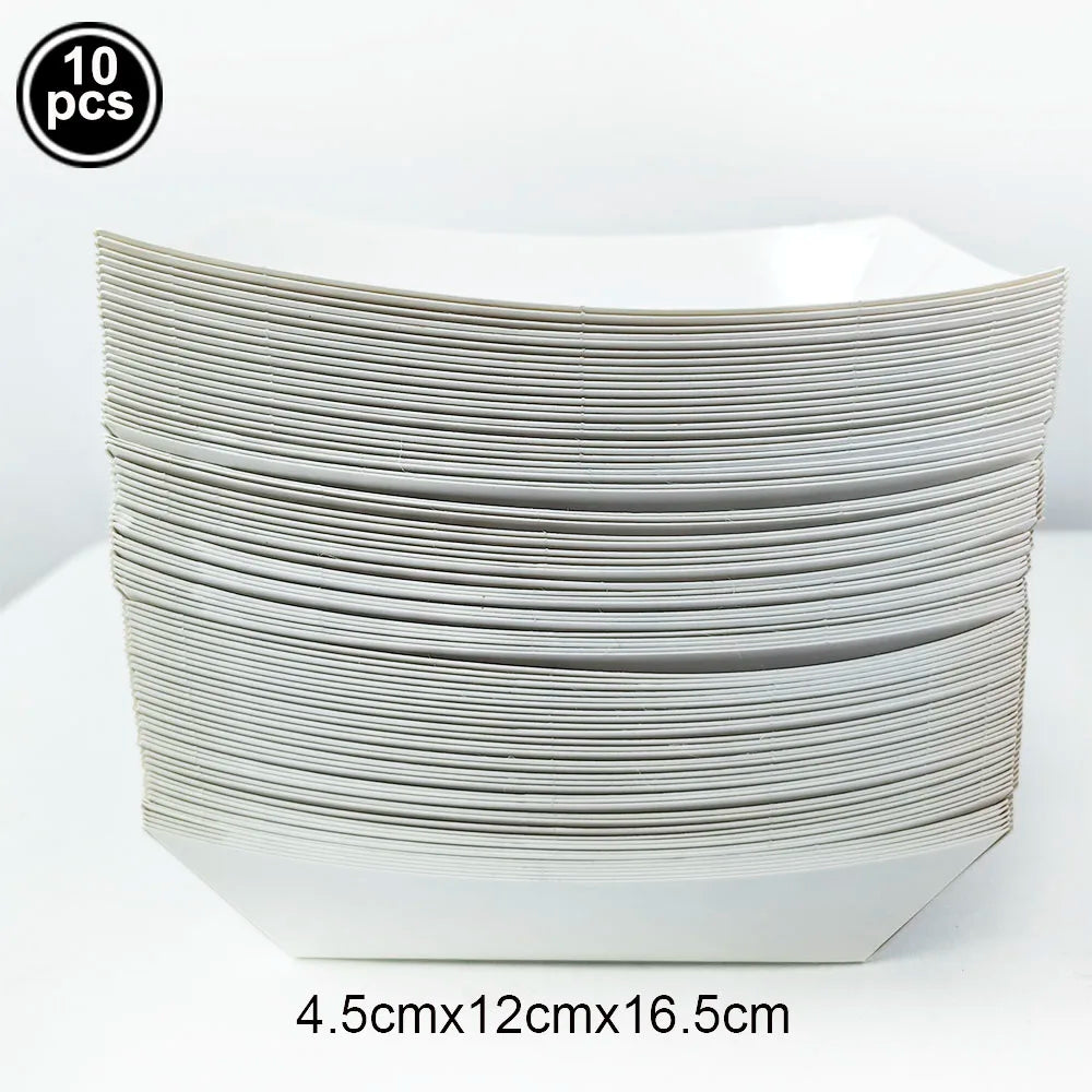 A stack of ten white rectangular tablecloths is shown on a white background.