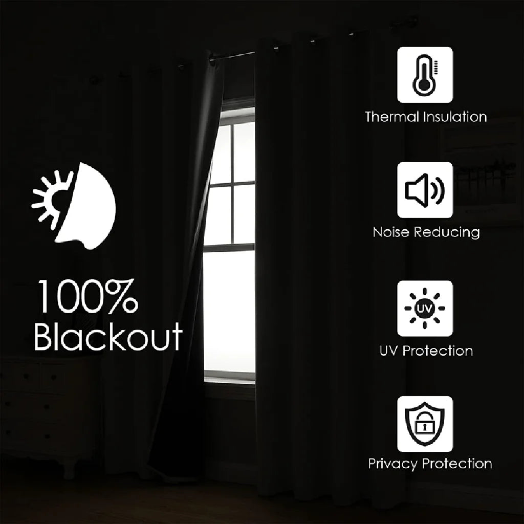A set of black blackout curtains with various protection features like thermal insulation, noise reducing, UV protection, and