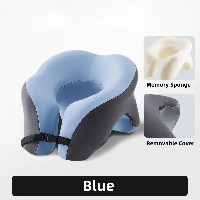 Blue memory foam U-shaped travel neck pillow with a removable cover shown in various views.