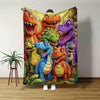 A colorful print of various dinosaurs in various colors on a flannel throw blanket.